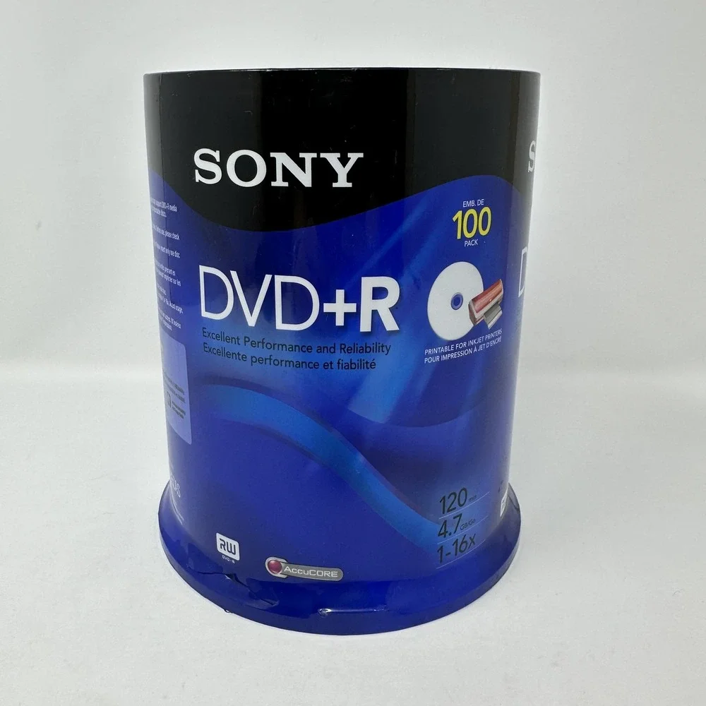 Sony DVD+R 100 Pack 4.7GB 120min 16x Printable‎ for Inkjet Printers AccuCORE New